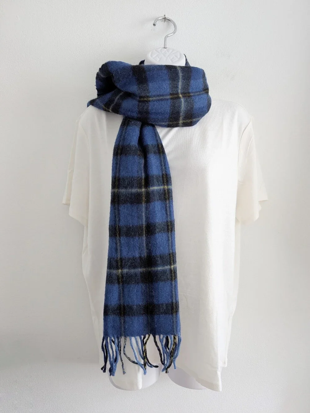 VINTAGE Wool Tartan Plaid Scarf Soft Blue Black Yellow Fringe 65